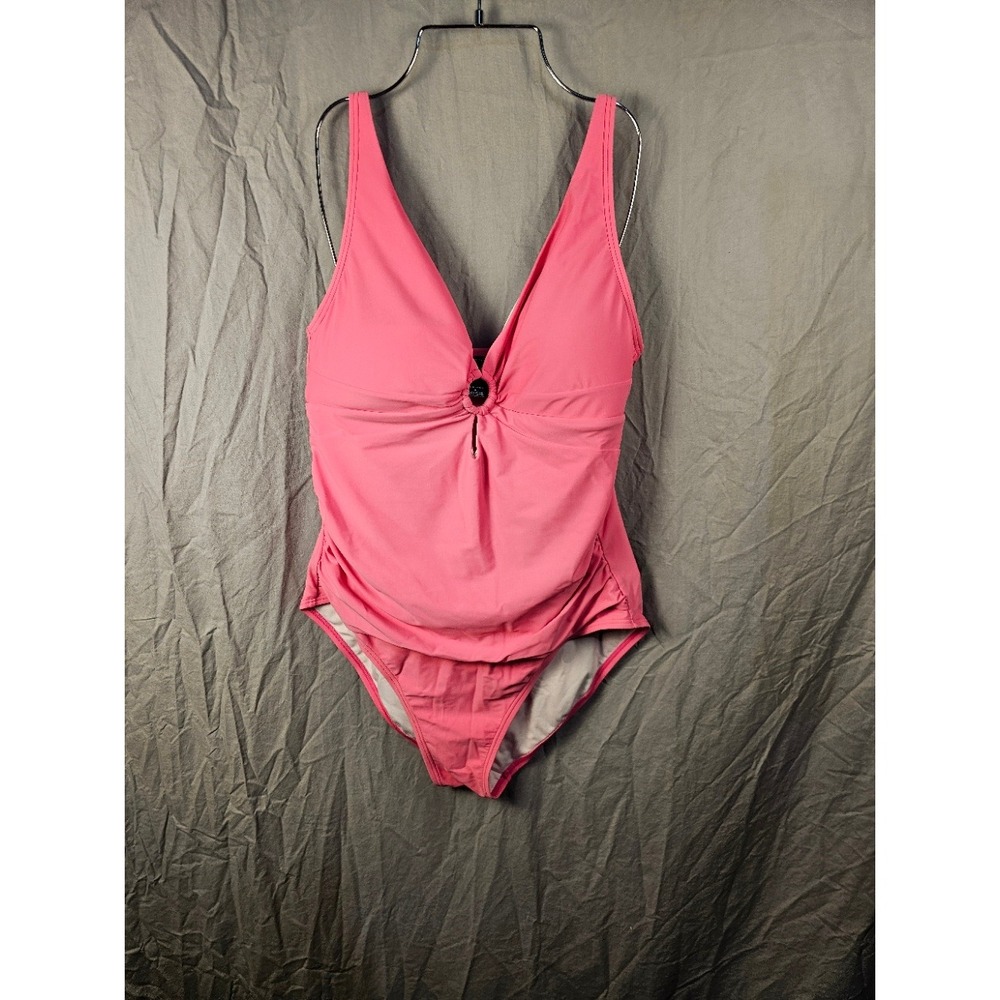Tommy Hilfiger Womens Pink One Piece Swimsuit V-Neck Ruched Size 16 RN54163